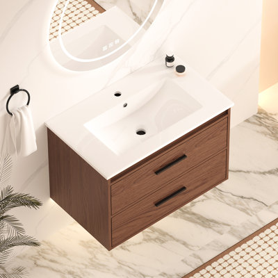Meuble-lavabo mural 30 po brun rougeâtre avec 2 tiroirs à fermeture en douceur, une armoire pour la construction, un meuble-lavabo en céramique, des tiroirs et une option de configuration polyvalente