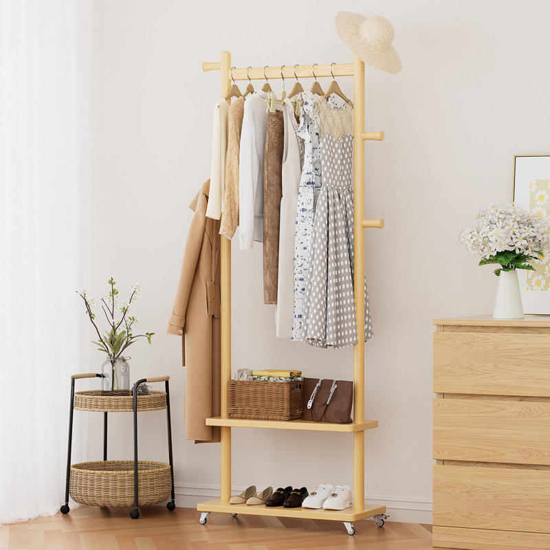 Heavy Duty Freestanding Coat Rack with Wheels, 2 Storage Shelves & 5 Hooks, Wood Corner Coat Tree Stand for Bedroom Entryway Living Room Hotel, Size L