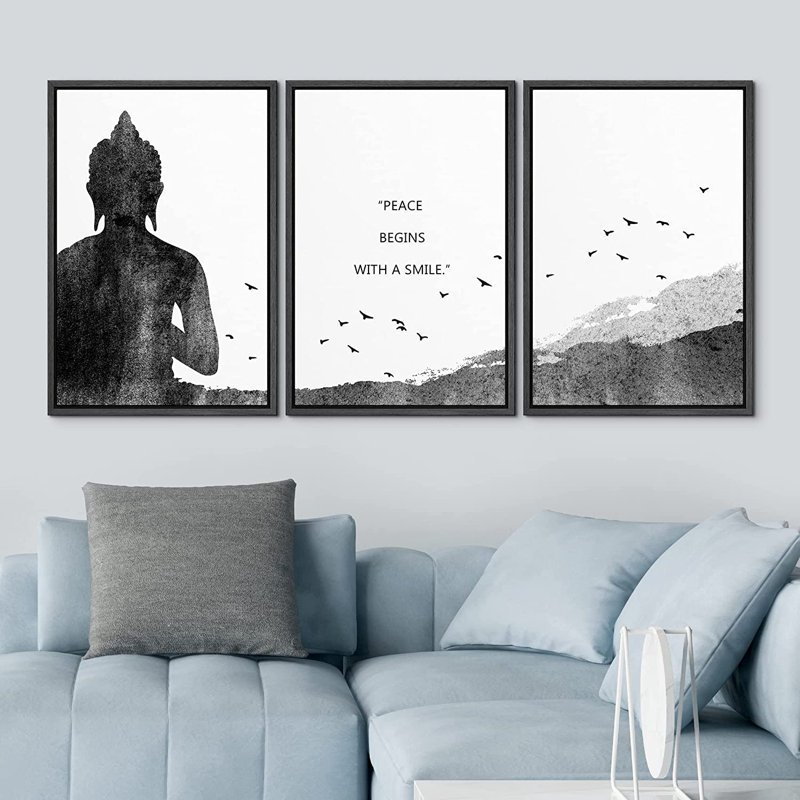 Ensemble d'œuvres d'art mural sur toile, Bouddha, Cadre noir, L 48 po x H 24 po