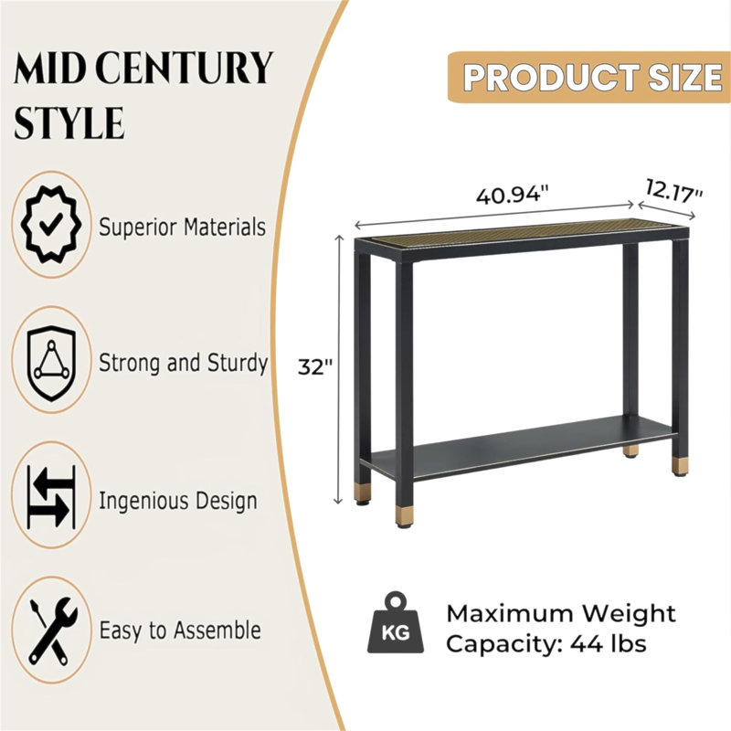 Glass Entryway Table, 2-Tier Entry Way Console Entrance Table, 41"L Narrow Sofa Table With Shelves, Ideal For Hallway, Entryway, Living Room, Foyer, Corridor, And Office