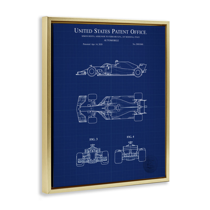 «Race Car Blueprint», art mural encadré flottant par Karl Hronek, Cadre flottant métallique doré, H 21 po x l 17 po
