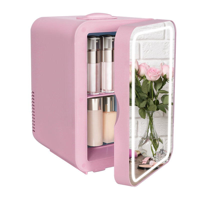 Mini Fridge 8L Car Refrigerator With LED Mirror, 3 Light Countertop Mini Fridge with Cooler & Warmer, Pink