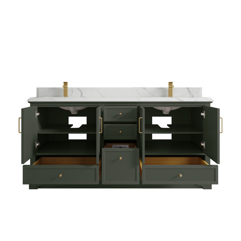 Meuble-lavabo double autoportant 72 po avec plateau en quartz Alys (option poignées)