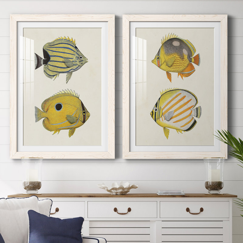 Jaune et gris Fish III Premium encadré mat - prêt à être accroché, H 43,5 po x l 31,5 po x P 1 po, Blanc