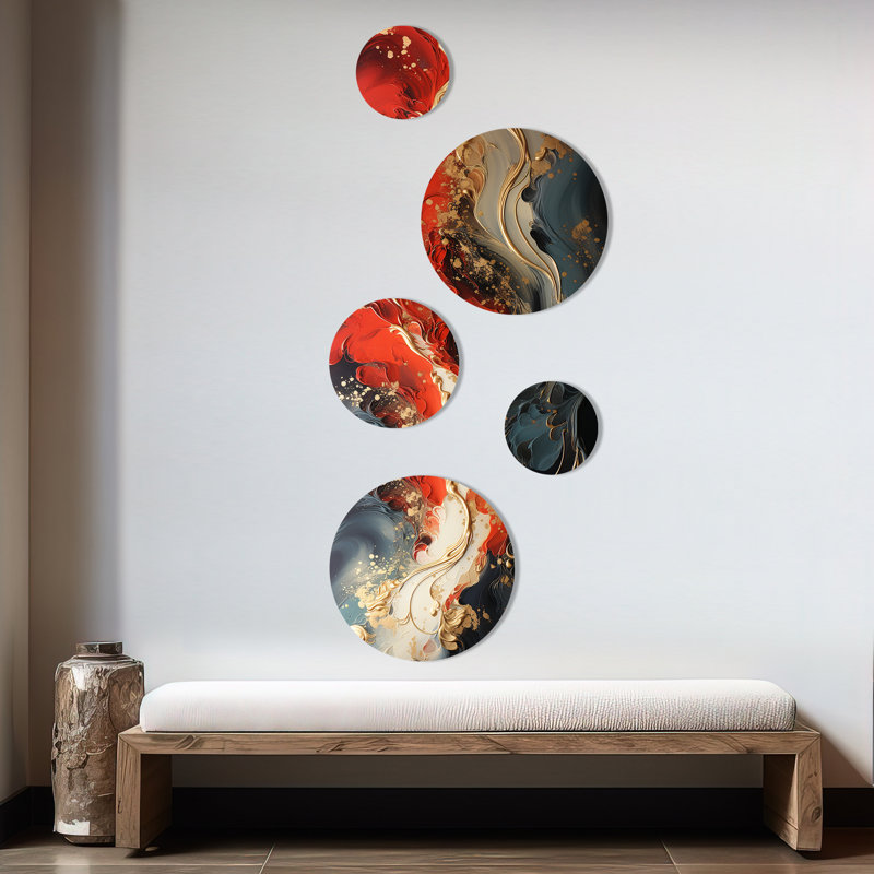 Rouge et or feu de marbre VI - ensemble abstrait d'art mural rond de 5