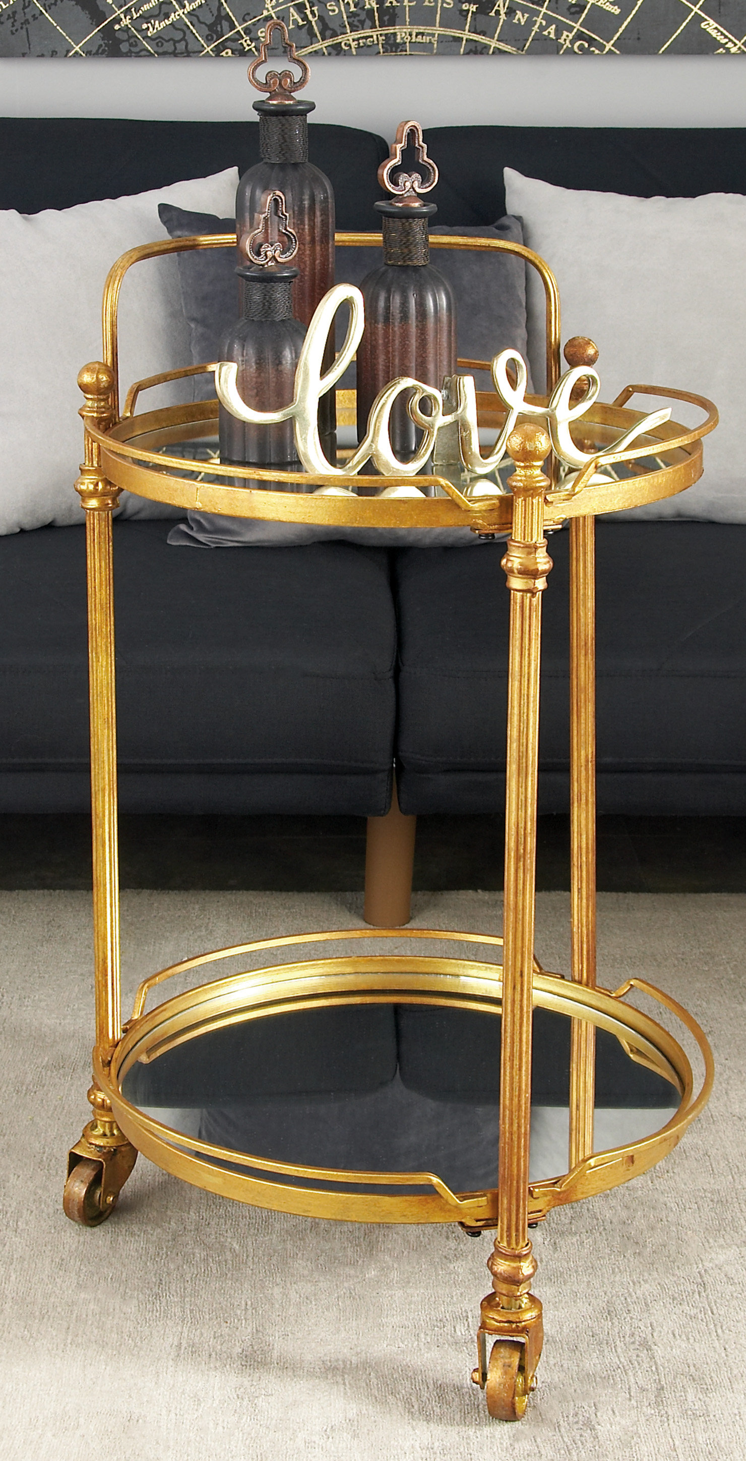 Breakwater Bay Crockett Brass Metal Rolling 2 Mirrored Shelves Bar Cart
