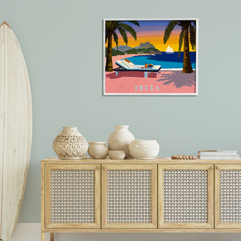 Vue de plage tropicale d'Ibiza, estampe numérique encadrée par Amelia Noyes, Estampe numérique encadrée blanc bord de mer