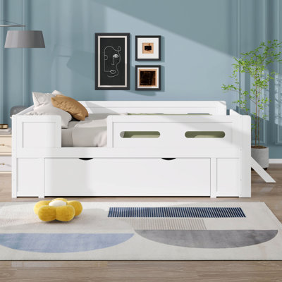 Lit plateforme simple en bois avec garde-corps et tiroir, lit plateforme pour enfants avec tête de lit et support à lattes