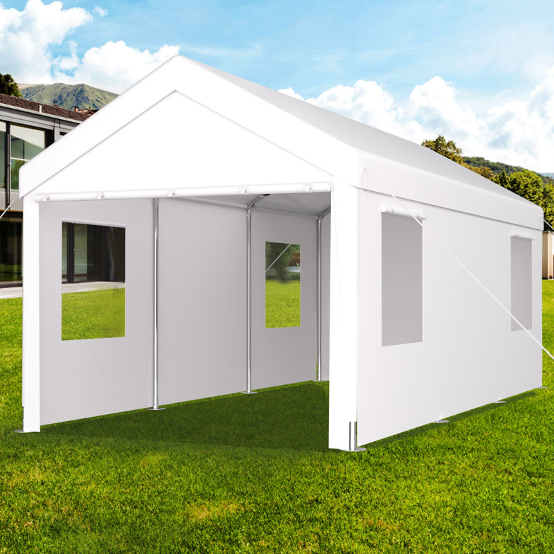 Abri d'auto portatif 10 pi x 20 pi, robuste, 2 portes et 4 fenêtres ventilées pour tondeuses à gazon, abri d'auto blanc, robuste avec fenêtres