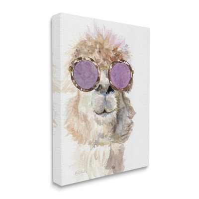 " Fluffy Alpaca Fun Purple Glam Sunglasses Portrait " by Jennifer Redstreake Painting Print