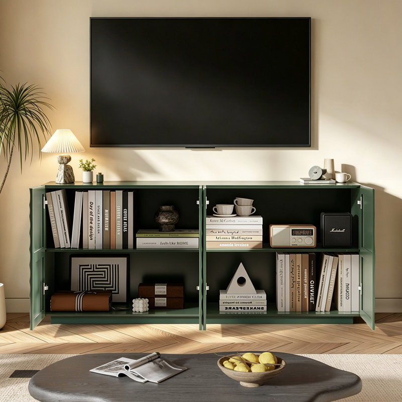 Buffet/meuble télé moderne de 150 cm (59 po) avec texture ondulée 3D, meuble de rangement à 4 portes et étagères réglables.
