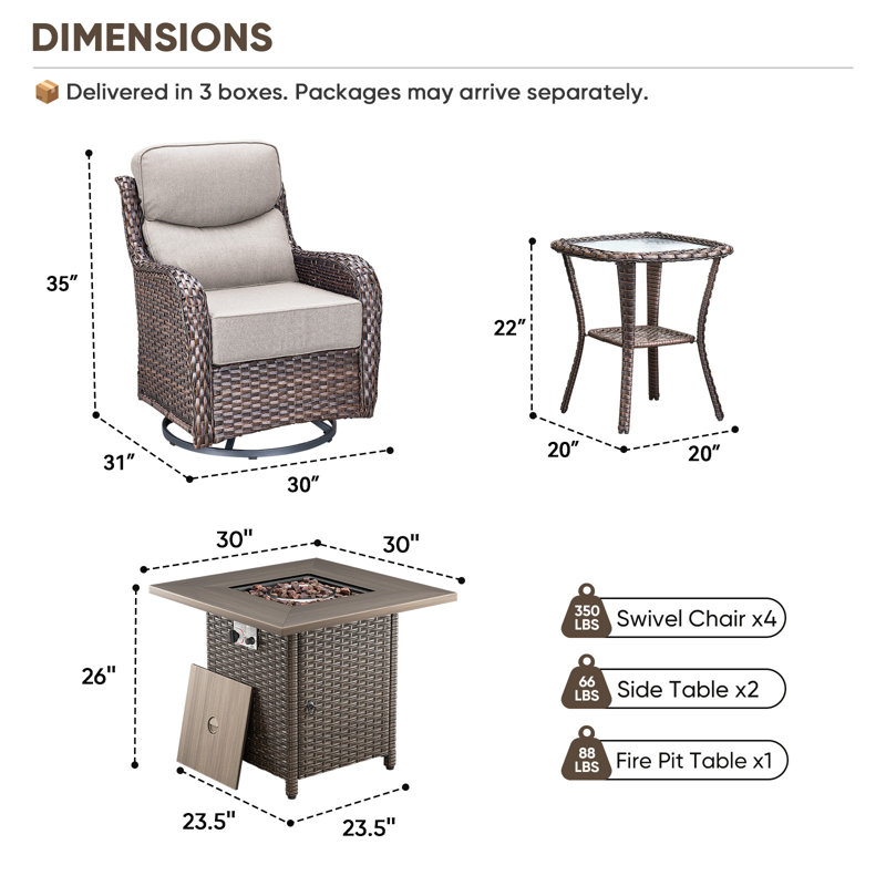 Heritage 7-Piece Outdoor Wicker Patio Conversation Set With Square Fire Pit, 4 Swivel Gliders With 6" Thick Cushions, Brown