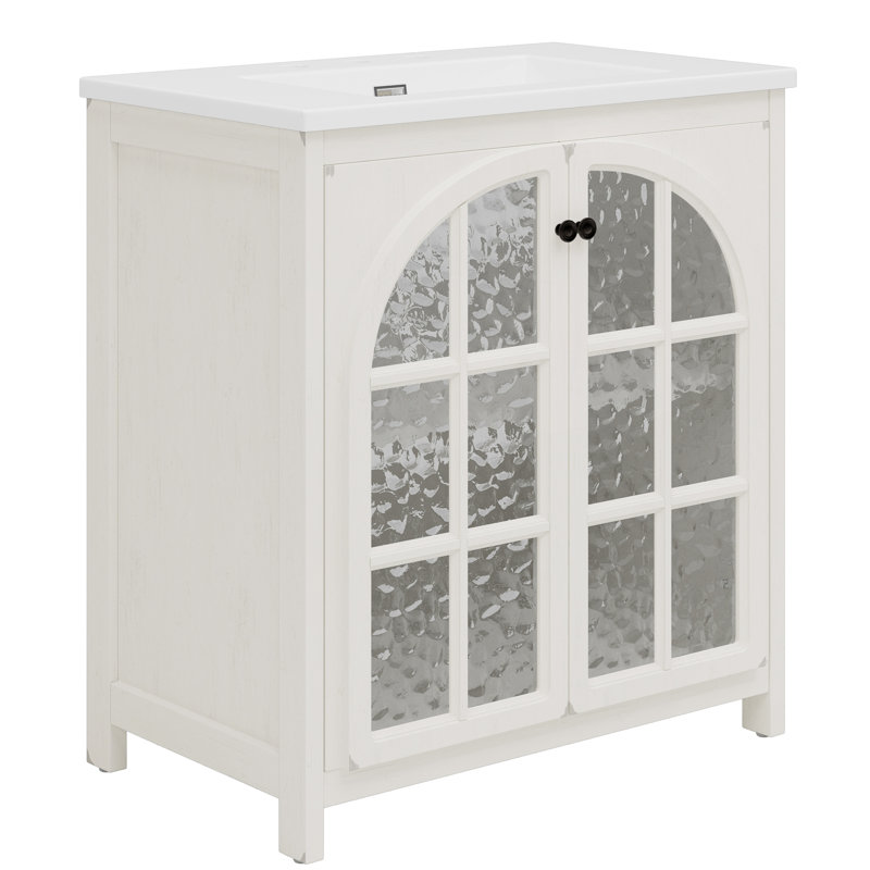 Meuble-lavabo Farmhouse avec lavabo en céramique, Blanc antique