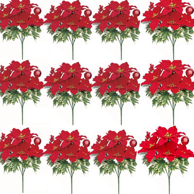 12 Pack Poinsettia Flowers Artificial Christmas Decorations, Red Poinsettia Flowers for Christmas Tree, Velvet Poinsettias Artificial Flowers for Xmas Decor DIY for Home Vase Indoor Outdoor Garden