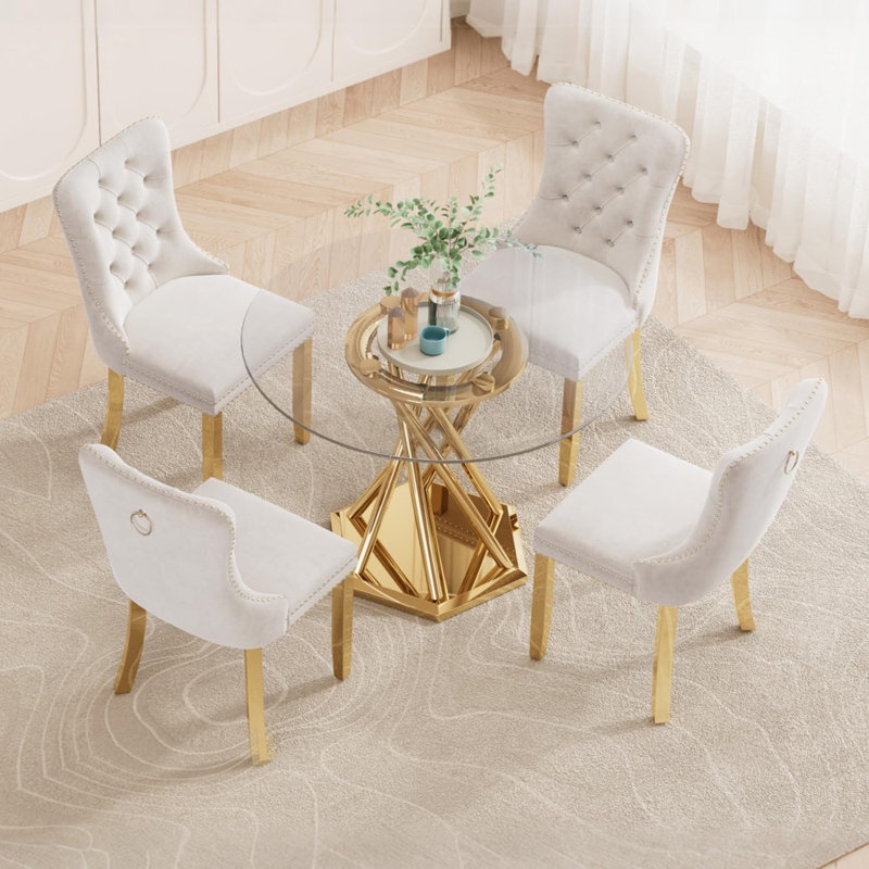 Ensemble de table de salle à manger 38,9 po en verre pour 4 tables de cuisine et de salle à manger avec 4 chaises en velours, plateau de table épais de 0,31 po et base dorée moderne