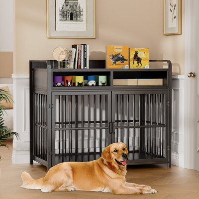Grands meubles pour cage de chien avec rangement pour tiroirs, chenil pour chiot à l'intérieur avec portes doubles, table de cage pour chien en bois robuste, métal robuste