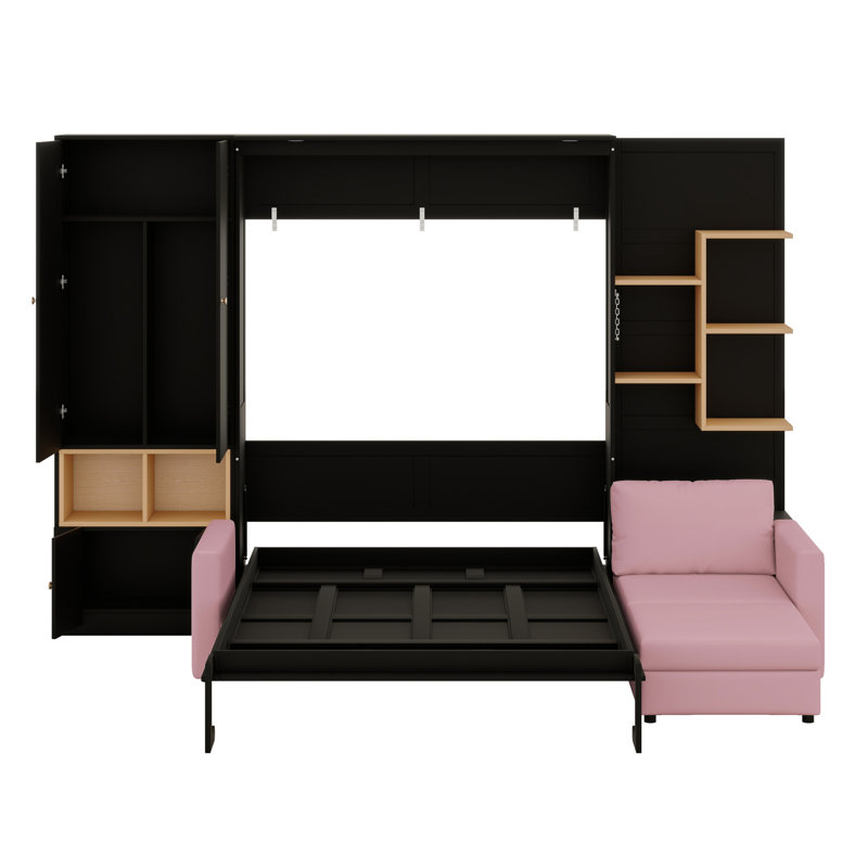 Lit mural moderne à économie d'espace avec canapé, tablettes de rangement, armoires, Noir / Rose