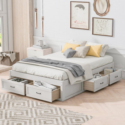 Lit plateforme double avec 6 tiroirs de rangement, blanc antique