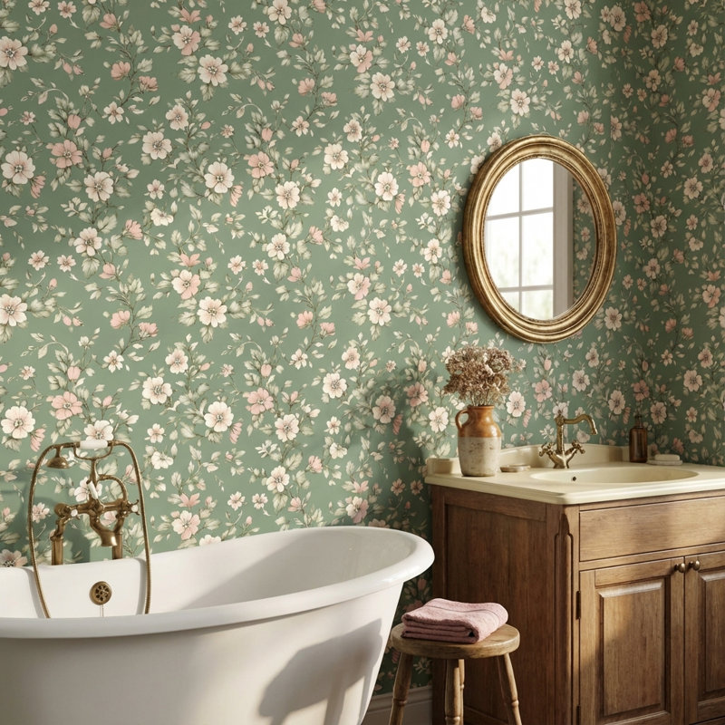 Papier peint floral rétro vert