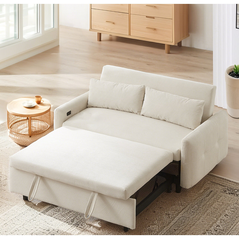 Convertible Pull-Out Sofa Bed with USB 2-Seat Loveseat Sleeper Couch Corduroy for Small Spaces, Beige 