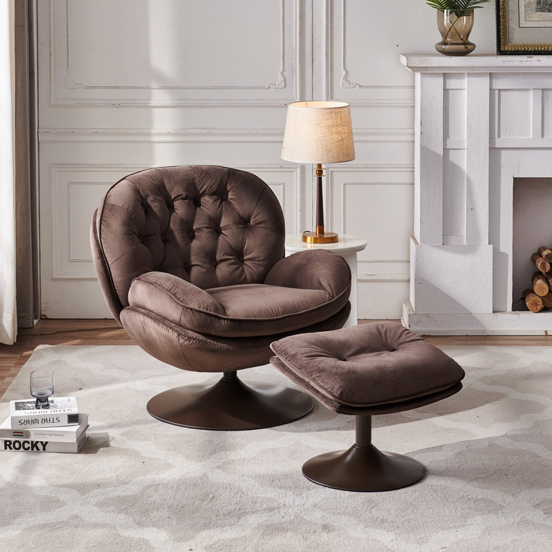Zenon Velvet Swivel Accent Chair with Ottoman, Brown Velvet