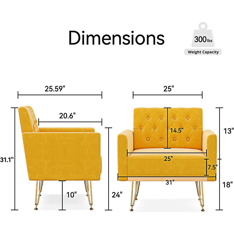 Fauteuil d'appoint moderne en velours capitonné pour la maison, Velours jaune
