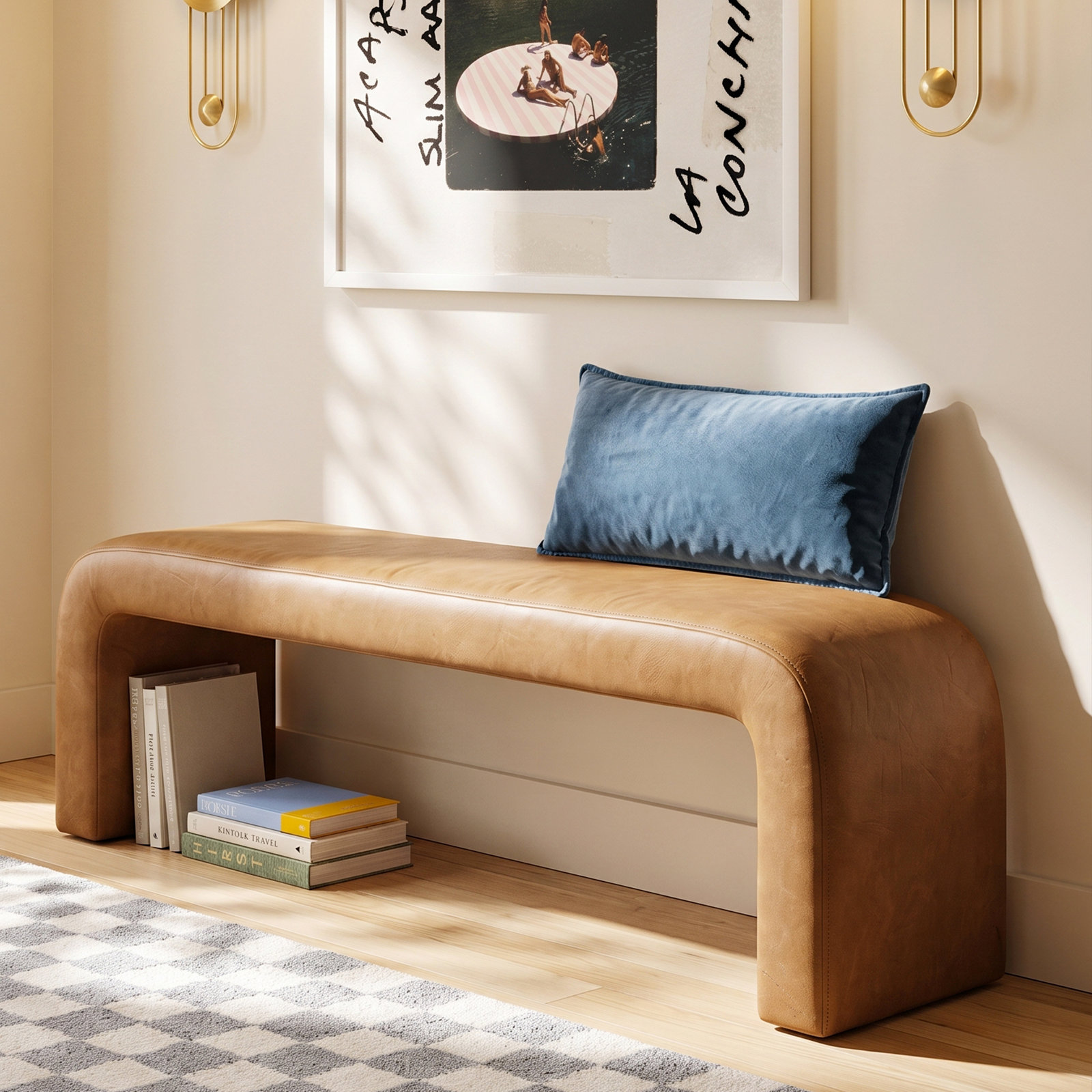 Daine 62" Linen Bedroom Bench, Camel Vegan Leather