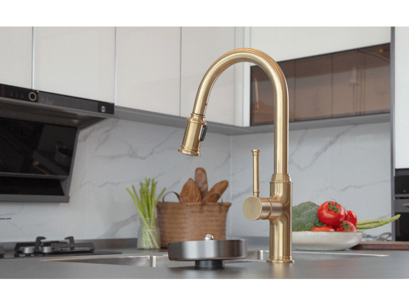 Pull Down Single Handle Kitchen Faucet with Accessories, Brushed Bronze