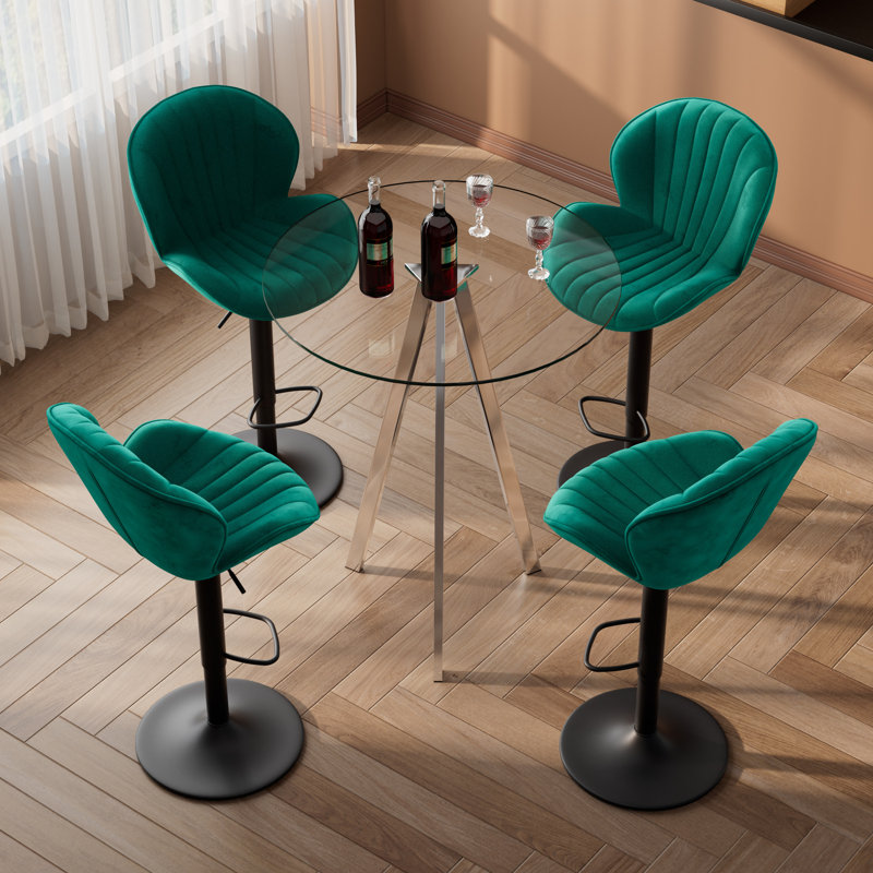 Table de pub ronde et 2 à 4 tabourets de bar réglables à 360 °, 5 pièces: table, 4 chaises, Vert, Argent argent