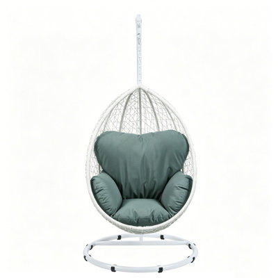 Simona Green Polyester Fabric White Resin Wicker Hanging Chair with Stand, All Weather Patio Swing Chair, Removable Green Foam Cushion, Adjustable Headrest, Powder Coated Steel Frame, Complete Hardware for Outdoor Backyard Garden Use