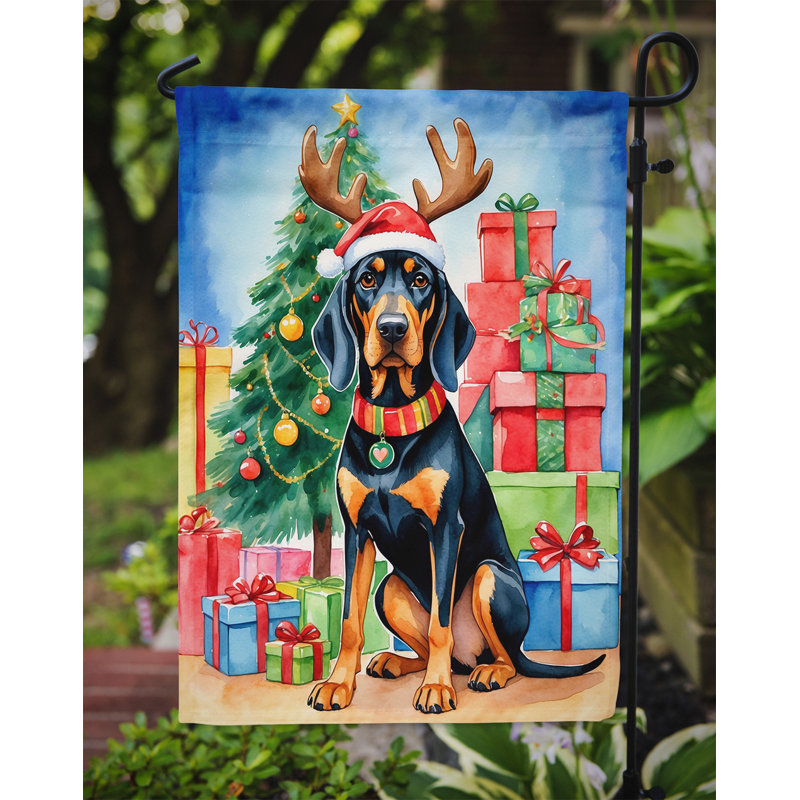 Drapeau de Noël renne de jardin, Chien noir et feu pour la chasse au raton laveur