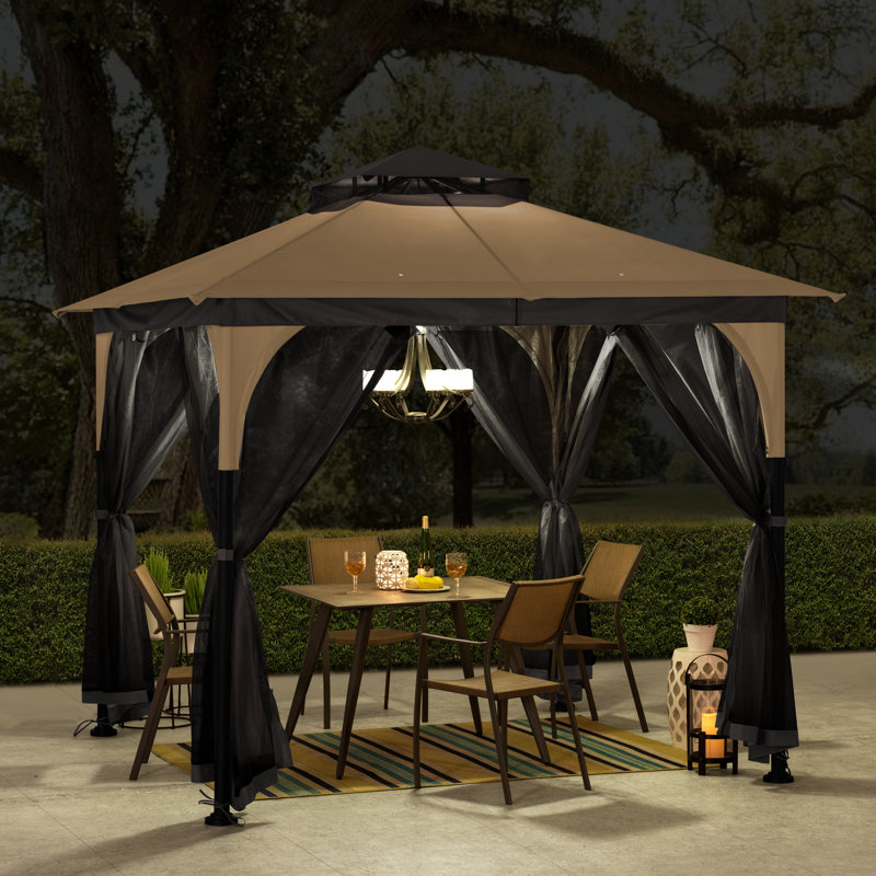 Sunjoy 9 ft. x 9 ft. Gazebo with 2-Tier Canopy Roof, Steel Frame Soft top Gazebo with Ceiling Hook and Mosquito Netting