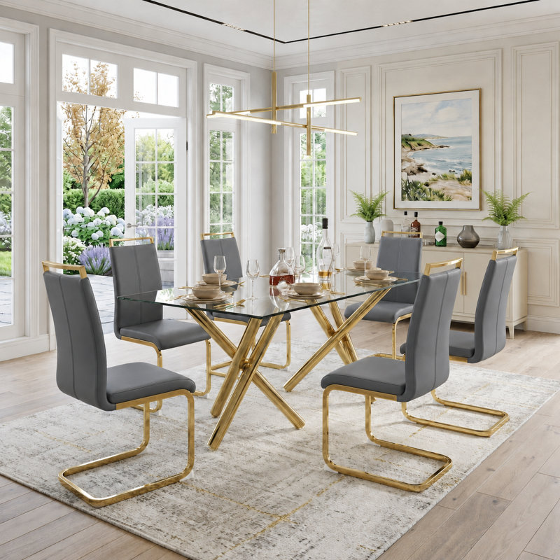 Modern Glam Faux Leather Dining Set with Tempered Glass Table - 5-Piece, 7 Pieces: Table, 6 Chairs, Gray