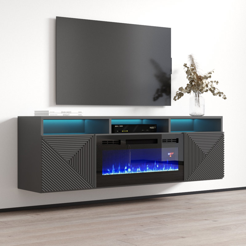 Aiyahna 63" Modern TV Stand with Electric Fireplace, High Gloss Finish, Wall-Mounted, Gray