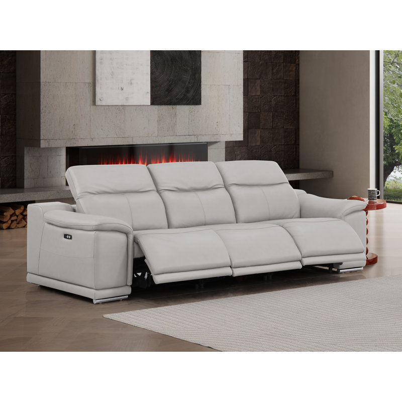 Genuine Leather Sofa With 3 Power Recliners, Light Gray