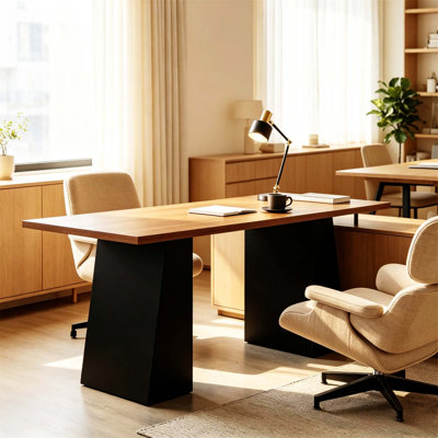Bureau d'ordinateur moderne et industriel avec une surface de travail spacieuse et une base trapézoïdale double unique pour le bureau à domicile (BUREAU NON FAUTEUIL)