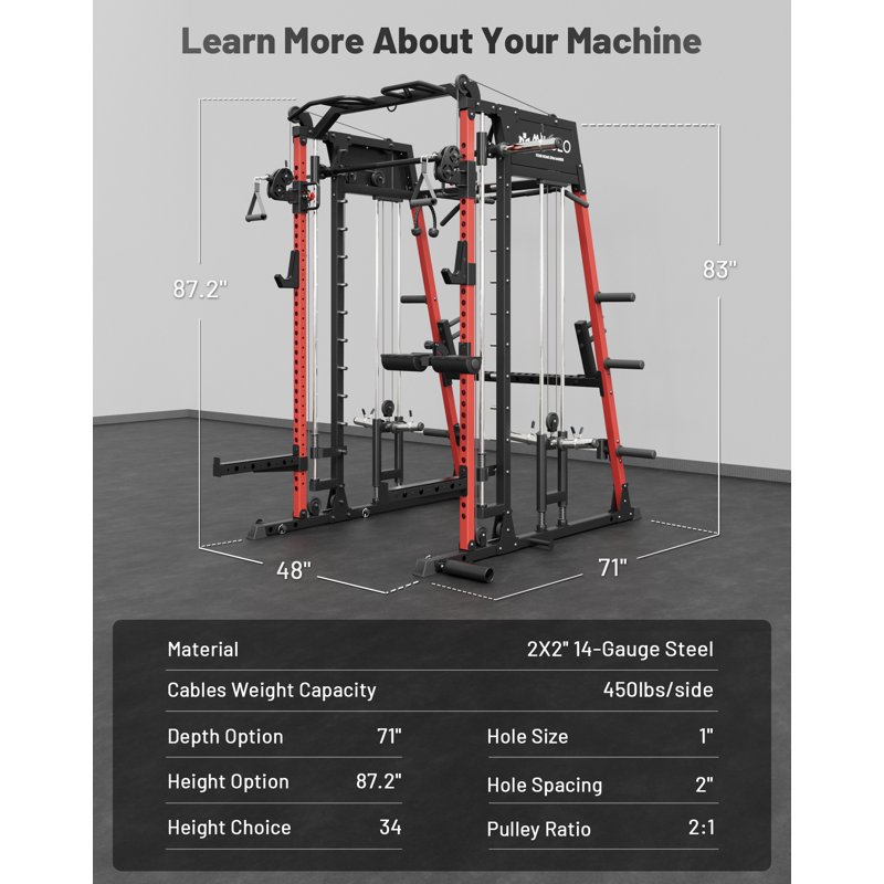 Machine Smith avec roulement linéaire - cage d'alimentation 5-en-1 et système d'attache latéral pour une salle de gym à domicile peu encombrante