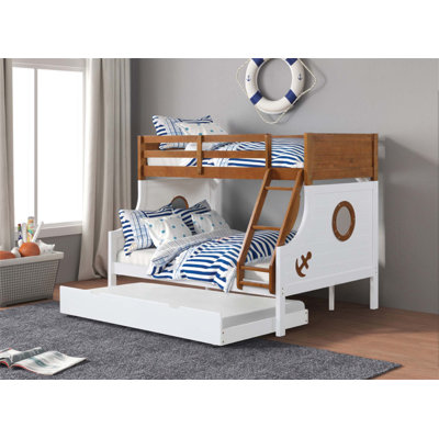 Modern Novelty Style Over Bunk Bed With Angled Ladder, Lock Joint Structure, And Trundle For Enhanced Safety And Space Efficiency