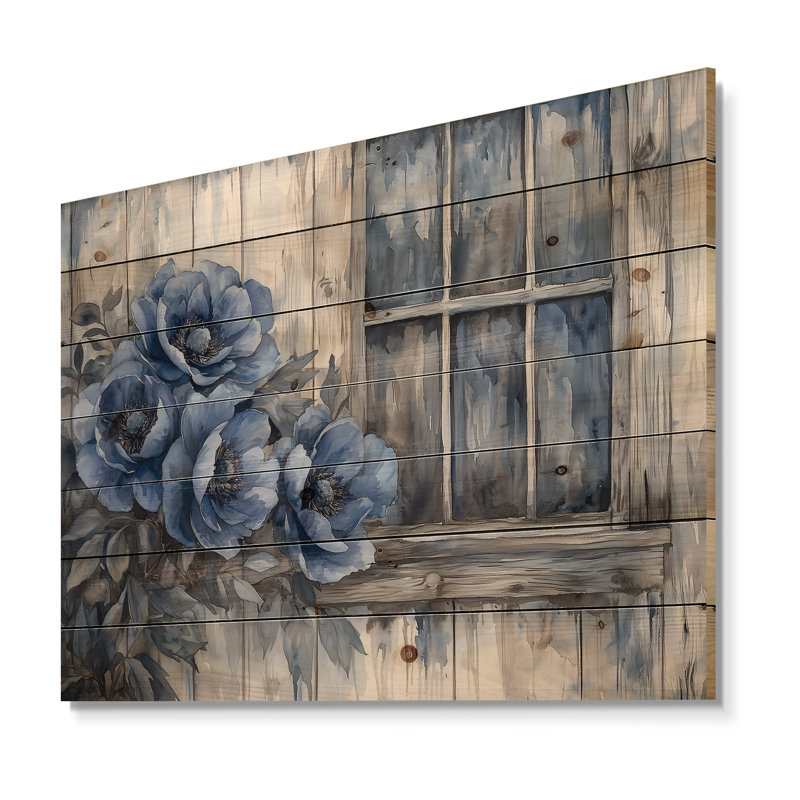 Pivoines bleues par la clôture de la ferme - Art mural en bois pivoines - sur bois de pin naturel, H 24 po x l 32 po