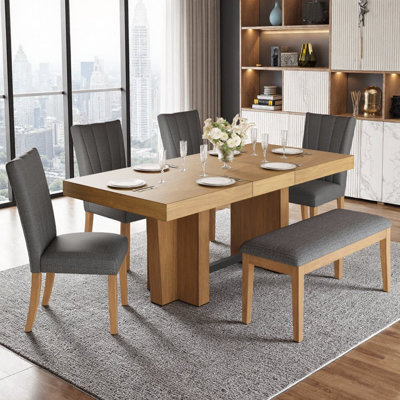 Ensemble de table de salle à manger extensible 6 pièces Aura Farmhouse | Table de cuisine en bois 78,1 po avec rallonge de 18 po, 4 chaises et banc rembourrés, plateau de table épais de 3,8 po et pieds en tréteaux