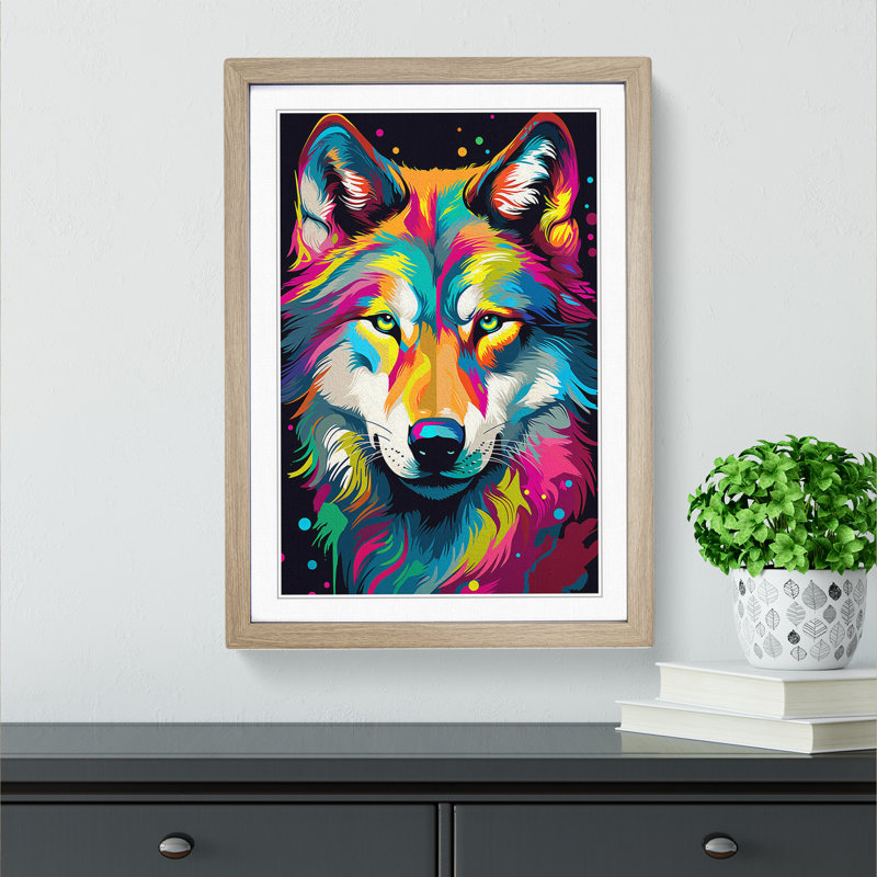 Wolf Pop - Single Picture Frame Print on Wood, 64cm H x 46cm W x 2cm D, Oak