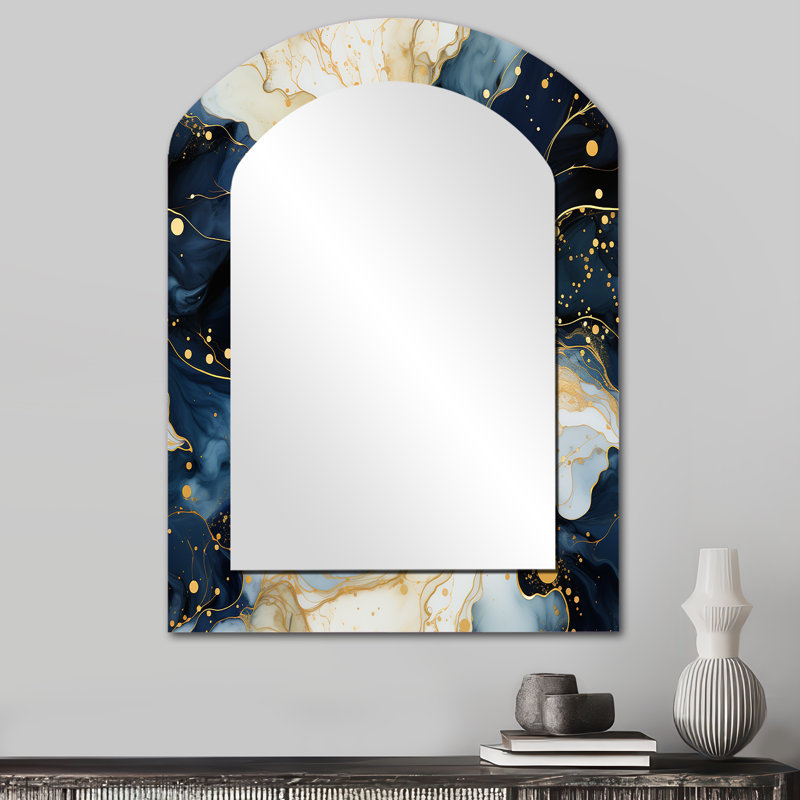 Motif de marbre céleste or et bleu - Miroir mural arqué or moderne, 34 po x 25 po