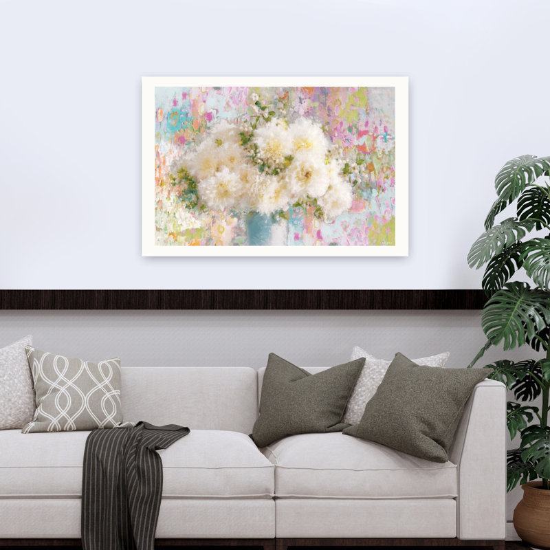 Une danse de pivoines blanches et colorées abstraites colorées, 32" H x 48" W