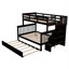 Lit superposé simple au-dessus d'un lit double en bois massif avec lit gigogne simple, rangement intégré et garde-corps, ton brun pour chambre à coucher et dortoir