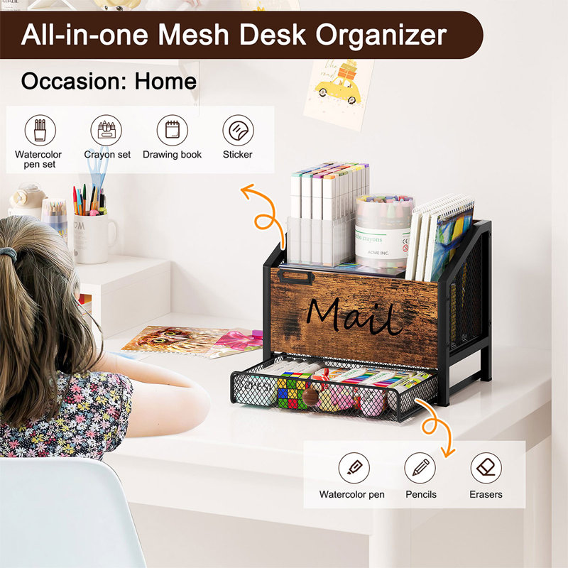 Rivosar Letter Holder with Drawer 4 Slots Adjustable Desk Magazine Literature Rack for Home Office