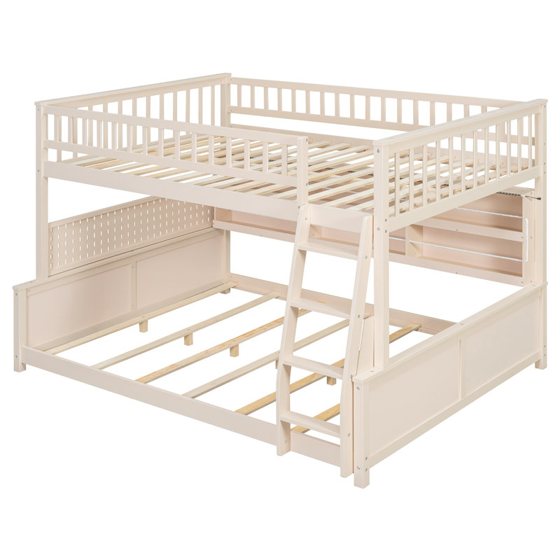 Lit double superposé au-dessus de très grand lit double avec tablettes à DEL et panneau perforé, Beige, Double TG sur grand