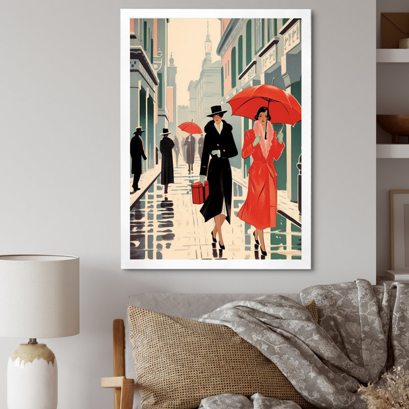 Art déco avec un parapluie rouge sur toile, H 40 po x l 30 po x P 1,5 po, Cadre simple blanc