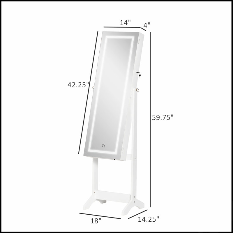 Armoire à bijoux sur pied avec éclairage à DEL, organisateur verrouillable, miroir pleine longueur et 4 angles réglables, blanc