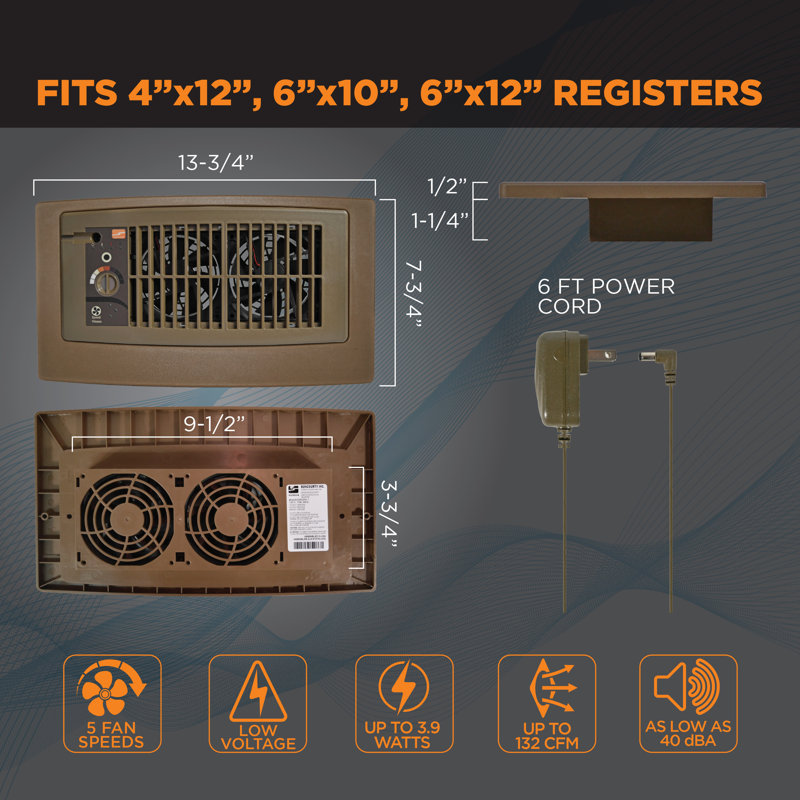 Register Booster Fan, Brown, 4.5" H x 18.25" x 8"