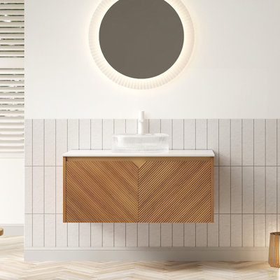 Lavabo de salle de bain 36 po, armoire de rangement flottante en contreplaqué, portes doubles en sergé avec garniture en métal, comptoir en verre transparent Carrare Sint
